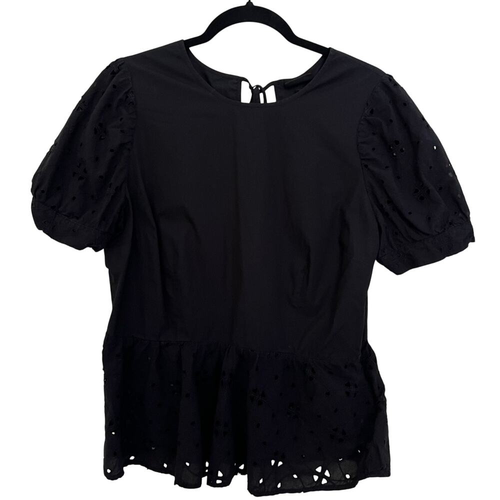 Who What Wear, Eyelet Peplum Top, Black, 100% Cotton, Puff Sleeve Blouse - Picture 2 of 12